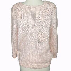 80’s Cottagecore Coquette Blush Pink Fuzzy Wool Embroidered Sweater W/Pearls M‎